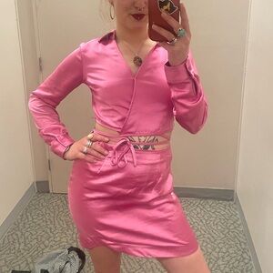 pink satiny two piece